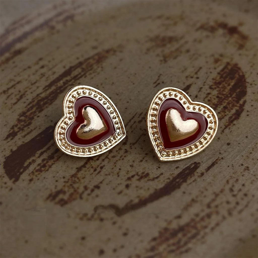 Vintage Burgundy Enamel Heart Stud Earrings 14K Plated Alloy Palace Style