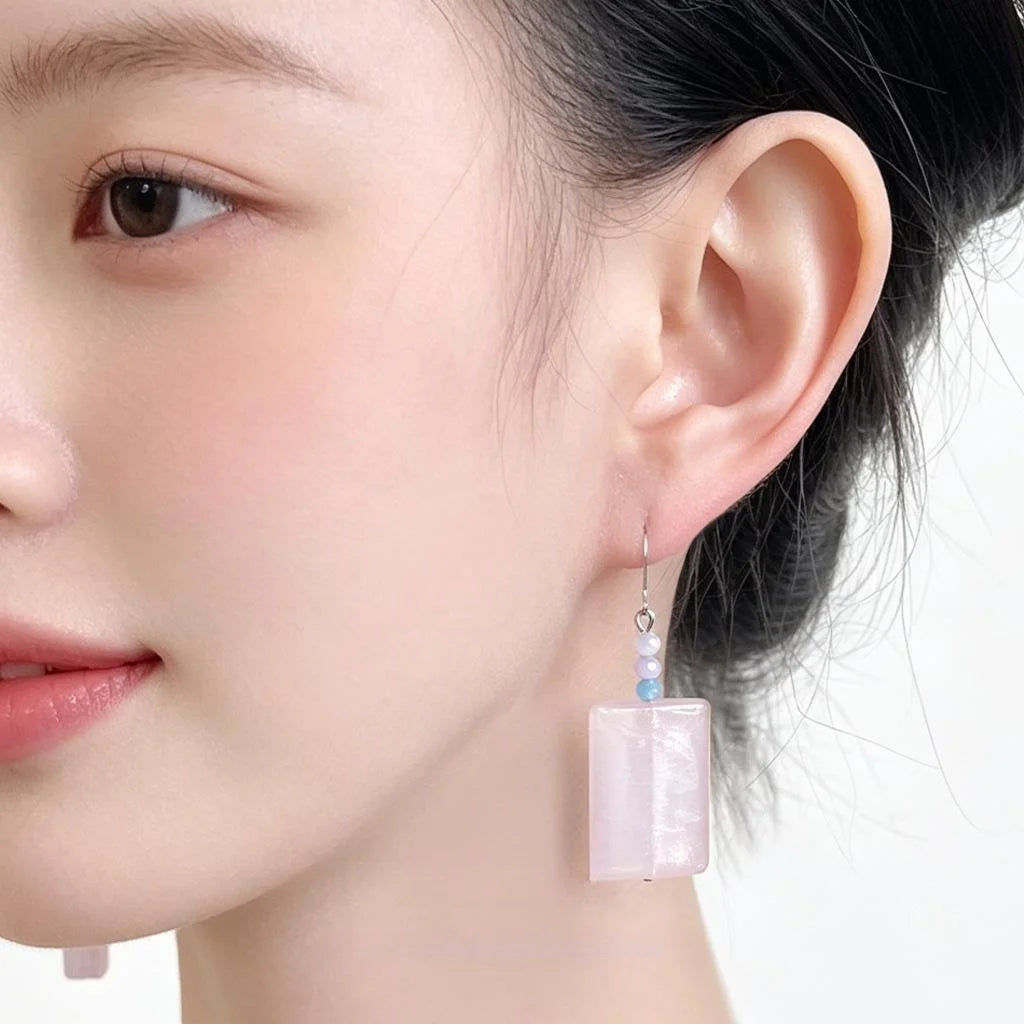 Fresh Sweet Pink Glass Crystal Geometric Rectangle Drop Earrings Vacation Style Handmade Jewelry