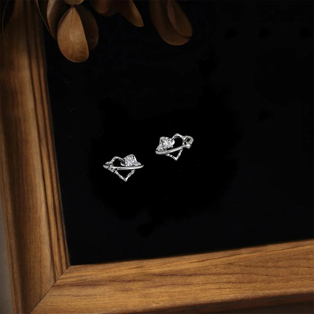 Mini Micro Pave Zircon Silver Plated Copper Hollow Heart Stud Earrings For Women