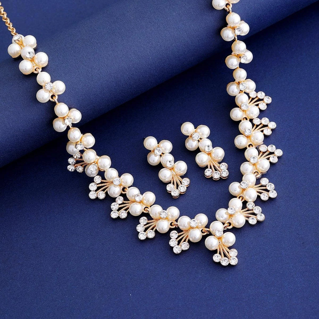 Elegant Pearl Rhinestone Flower Necklace Earrings Jewelry Set For Bridal Wedding Party Gift