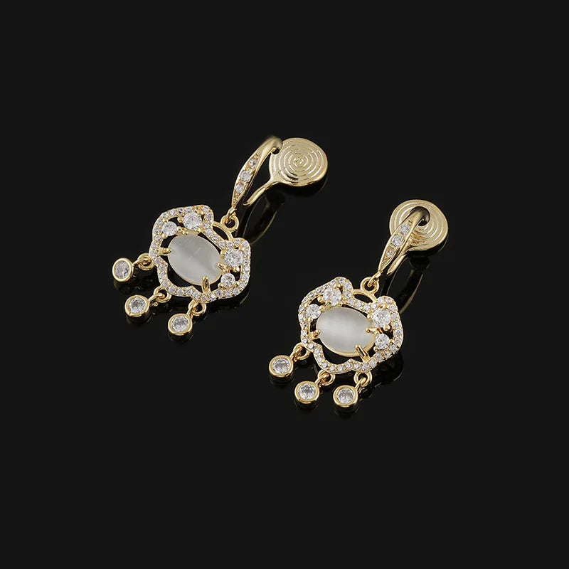 Elegant Chinese Ruyi Peace Lock Spiral Disc Alloy Zircon Dangle Stud & Clip On No Piercing Earrings