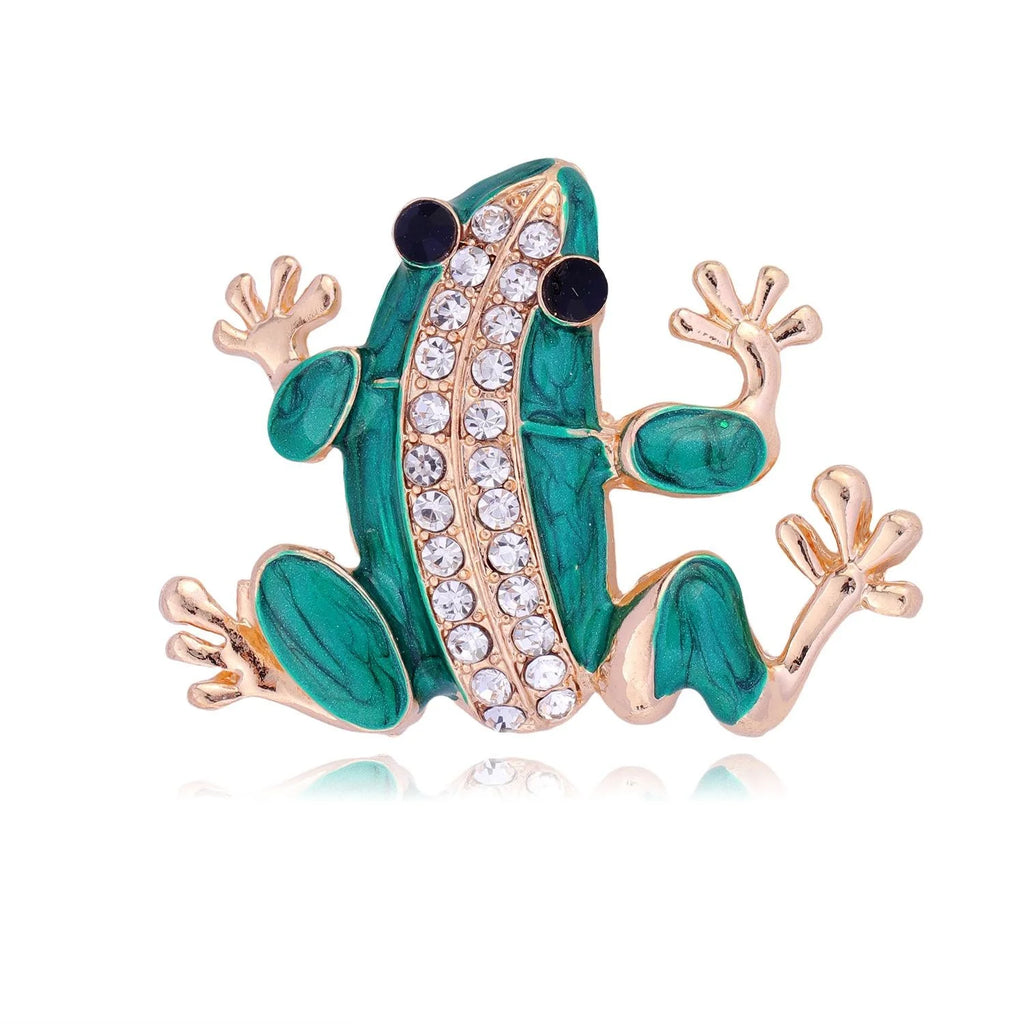Cute Green Enamel Frog Brooch With Rhinestones, Gold Tone Alloy Lapel Pin Corsage Suit Accessory Gift