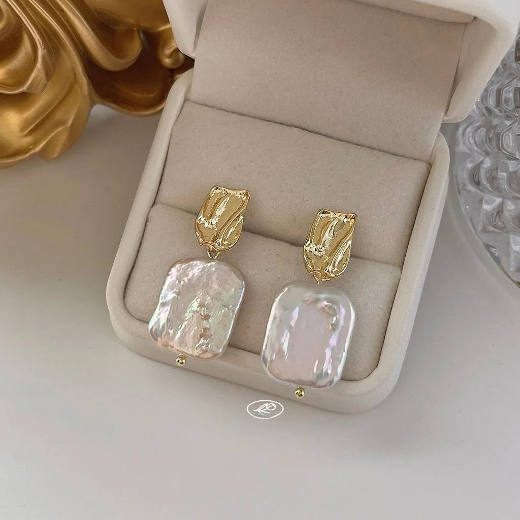 Baroque Irregular Freshwater Pearl Stud Earrings With 14K Plated Handmade Geometric Design