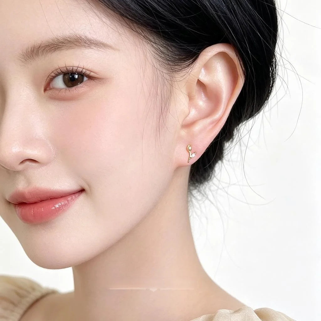 14K Gold Plated Copper Tulip Zircon Stud Earrings Minimalist Floral Style Jewelry