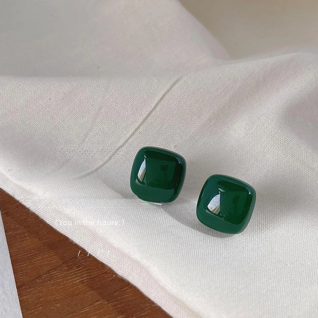 Dark Green Square Resin Stud Earrings With Silver Plated Pins Minimalist Geometric Jewelry