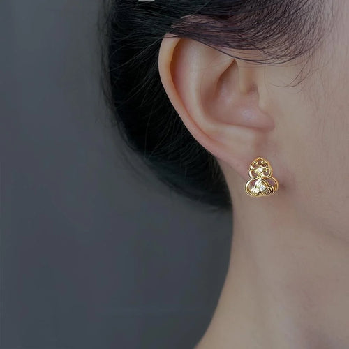 Light Luxury 14K Plated Copper Zircon Gourd Stud Earrings, Geometric Chinese Pattern Jewelry