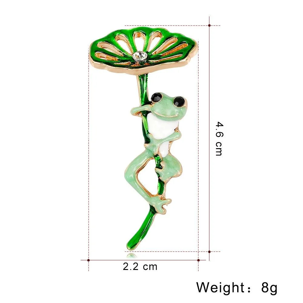 Cute Green Enamel Frog Under Lotus Leaf Brooch With Rhinestone, Women's Lapel Pin Corsage Gift