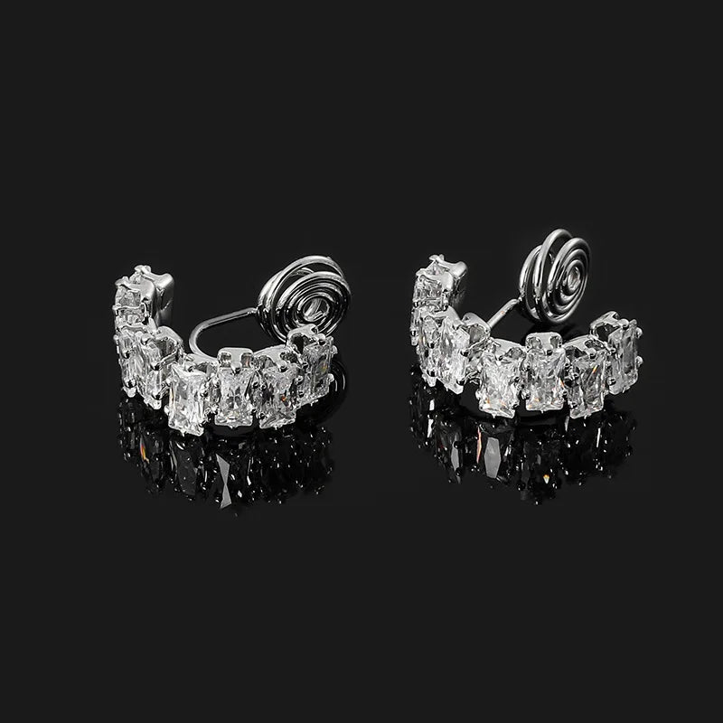 Elegant Square Zircon Spiral Cuff Hoop Stud & Clip On No Piercing Silver Needle Women's Earrings