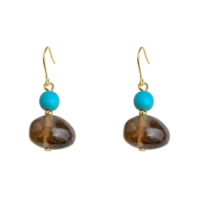 Vintage Style Handmade Geometric Resin Drop Earrings With Brown Marbled Round Oval Design
