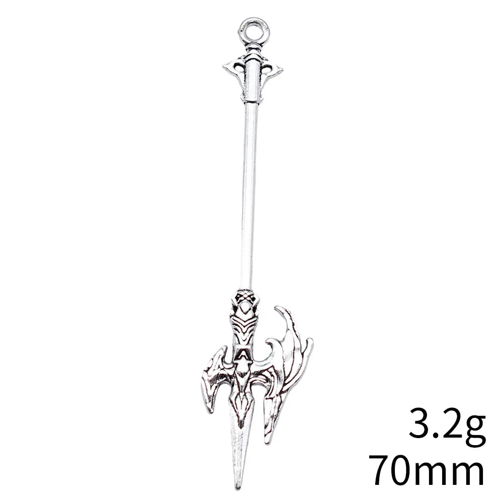 70mm 3.2g Antique Silver Tone Zinc Alloy Blade Spear Sword Halberd Charm Pendant for Cosplay DIY