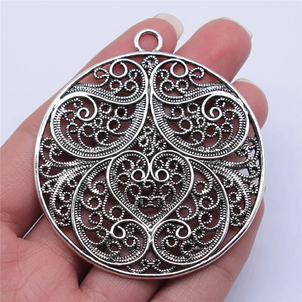 60x60mm 21.5g Antique Silver Zinc Alloy Round Openwork Flower Hollow Charm Pendant for Necklace Bracelet Making