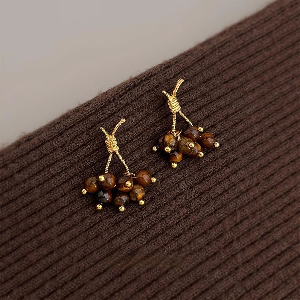 Maillard Vintage Copper Tiger Eye Rope Knot Tassel Grape Cluster Drop Earrings