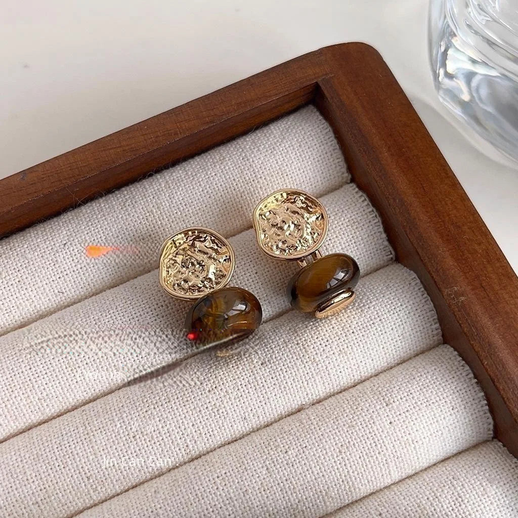Vintage Geometric Oval Tiger Eye Stone Drop Earrings With 14K Plated
