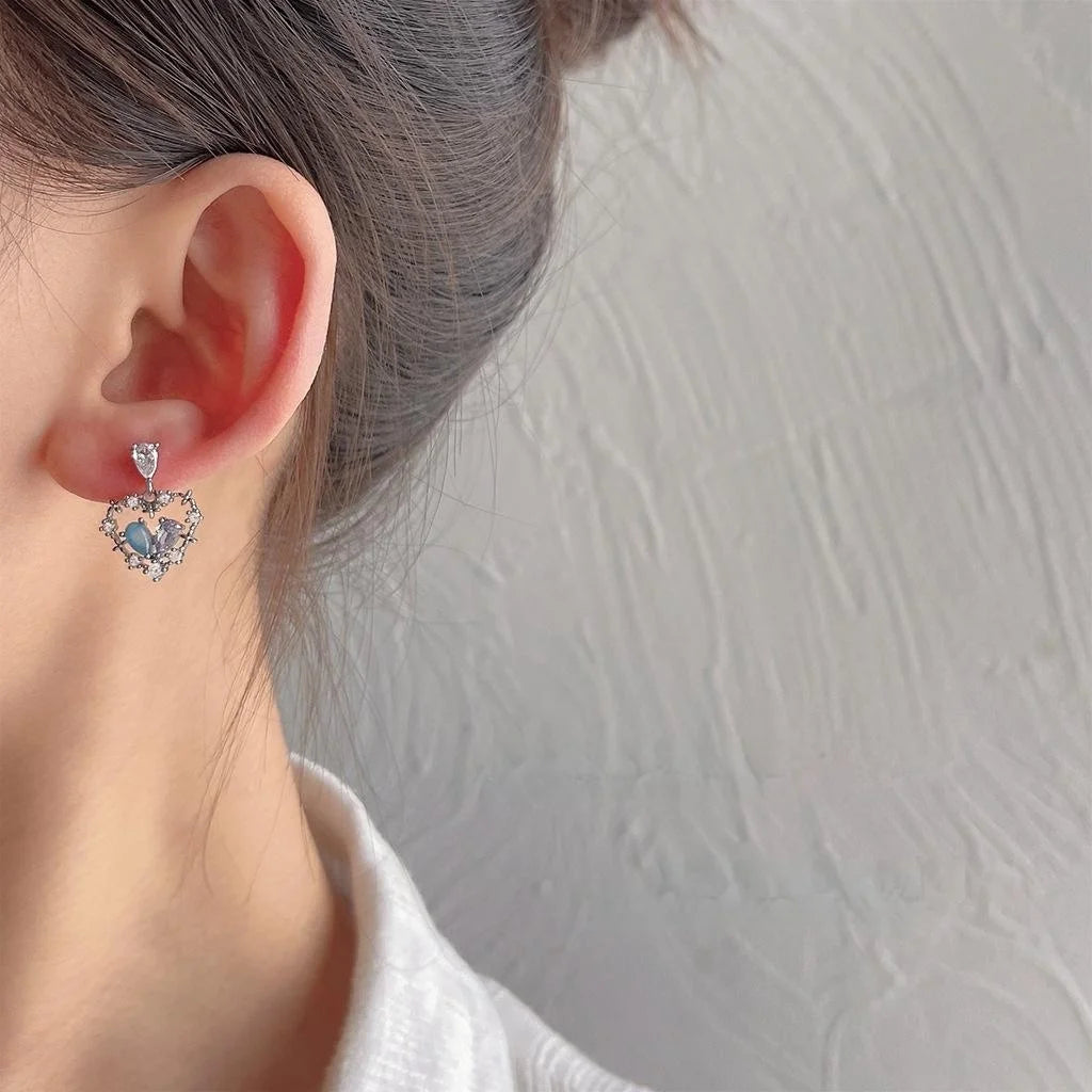 Sweet Cool Copper Hollow Heart Stud Earrings With Micro Pave Zircon And Two Tone Glass Cat Eye Stone