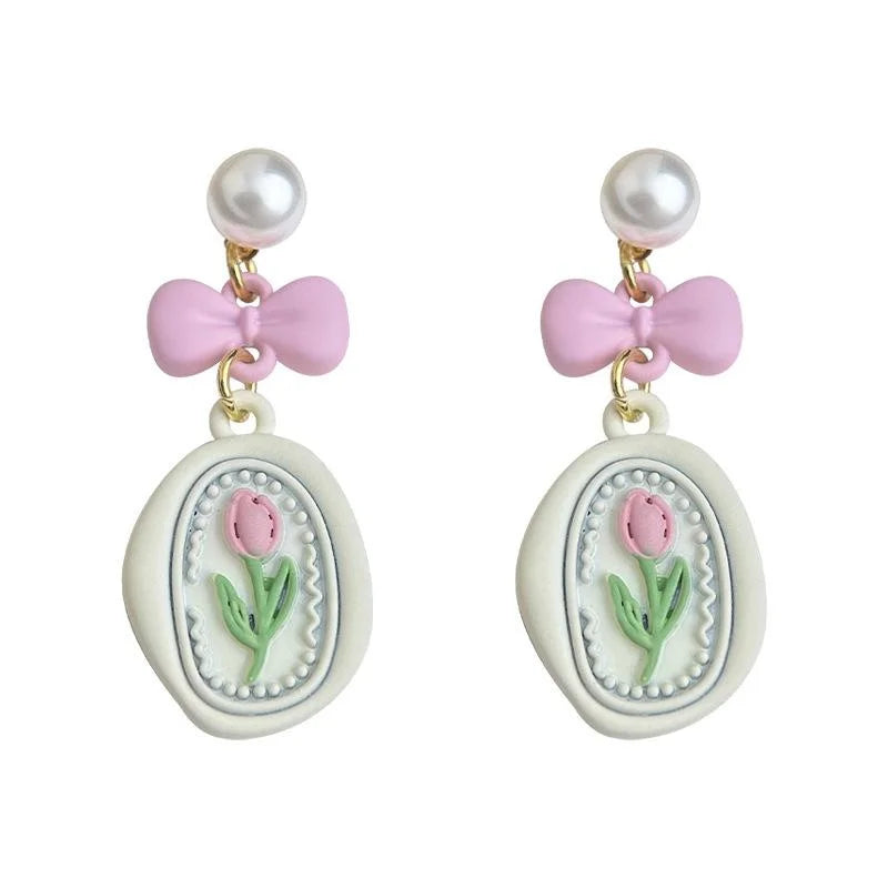 Sweet Fresh Pink Enamel Tulip Bow Flower Eco-Friendly Copper Drop Earrings For Women