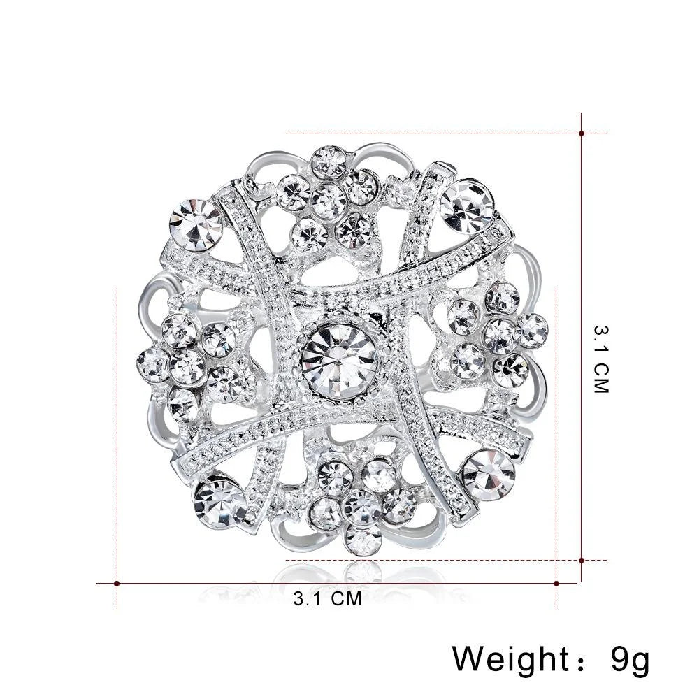 Elegant Hollow Silver Alloy Rhinestone Floral Brooch For Women Sparkling Lapel Pin Corsage Suit Accessory Gift