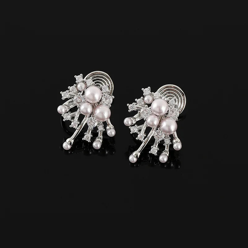 Elegant Firework Starburst Pearl Zircon Alloy Stud & Clip On No Piercing Bridal Party Earrings