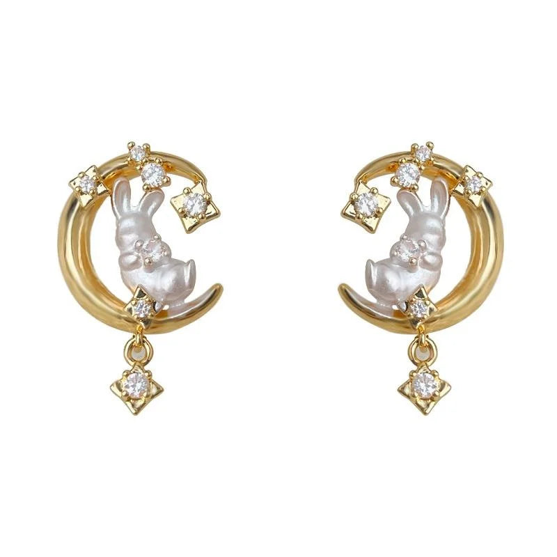 14K Plated Copper Moon Rabbit Micro Pave Zircon Stud Earrings Sweet Vacation Jewelry