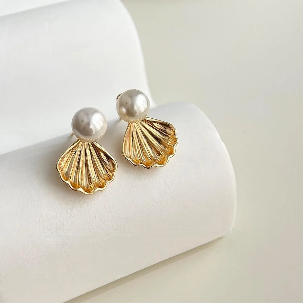 14K Gold Plated Copper Shell Glass Pearl Stud Earrings, Two Way Light Luxury Minimalist Jewelry