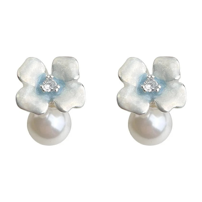 Sweet Glass Pearl Micro Pave Zircon Silver Plated Copper Enamel Gradient Flower Drop Earrings