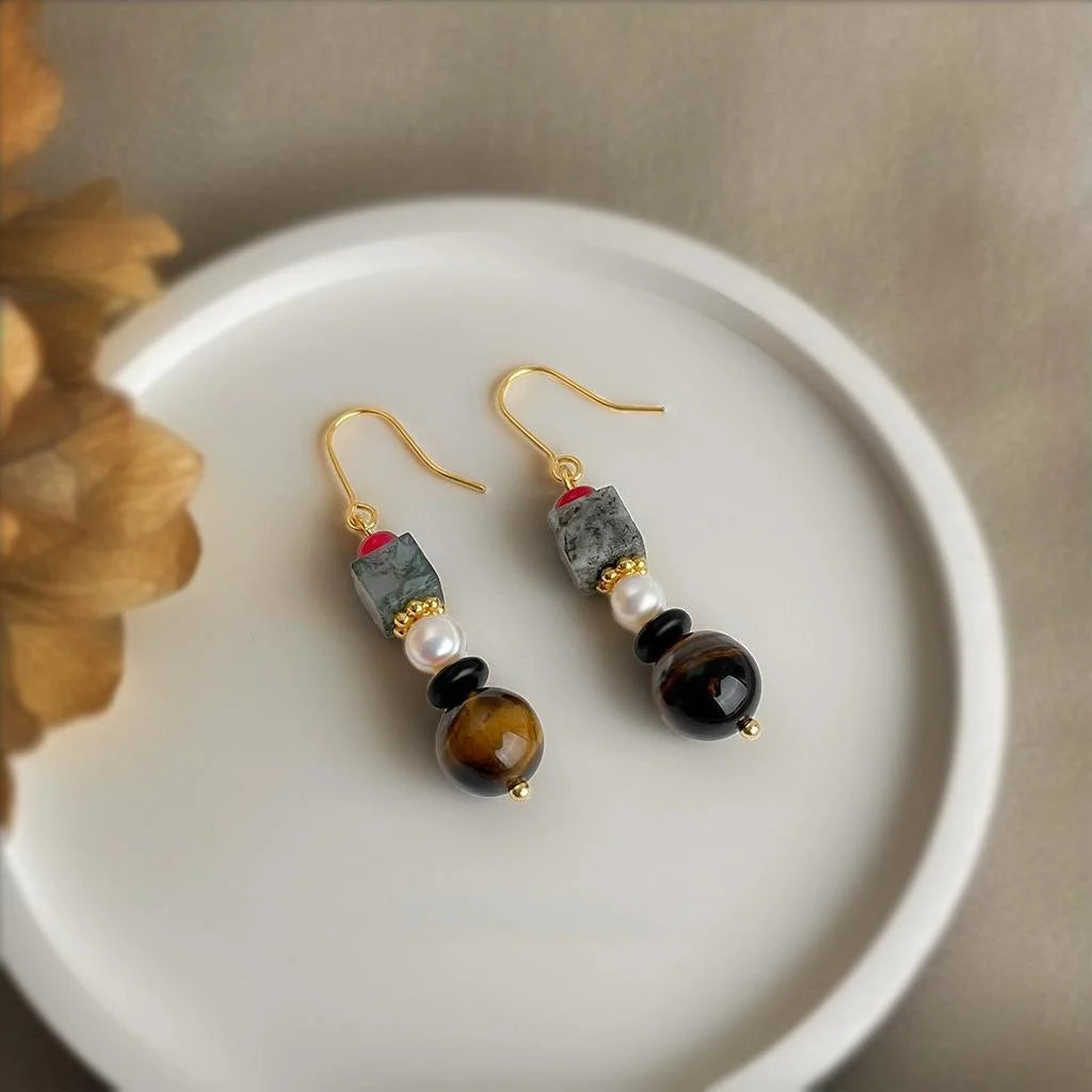 Handmade Tiger Eye Stone Freshwater Pearl Geometric Drop Earrings Ethnic Vintage Chinese Style