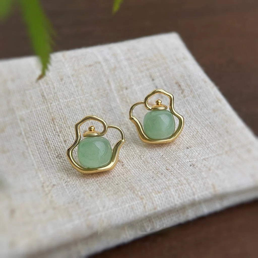 Designer Natural Aventurine Jade Teapot Stud Earrings 14K Plated Copper New Chinese Jewelry