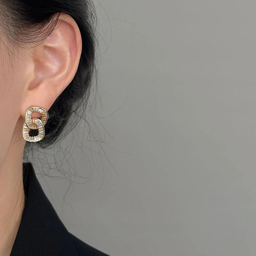 Premium 18K Gold Plated Copper Double Ring Geometric Hollow Round Stud Earrings