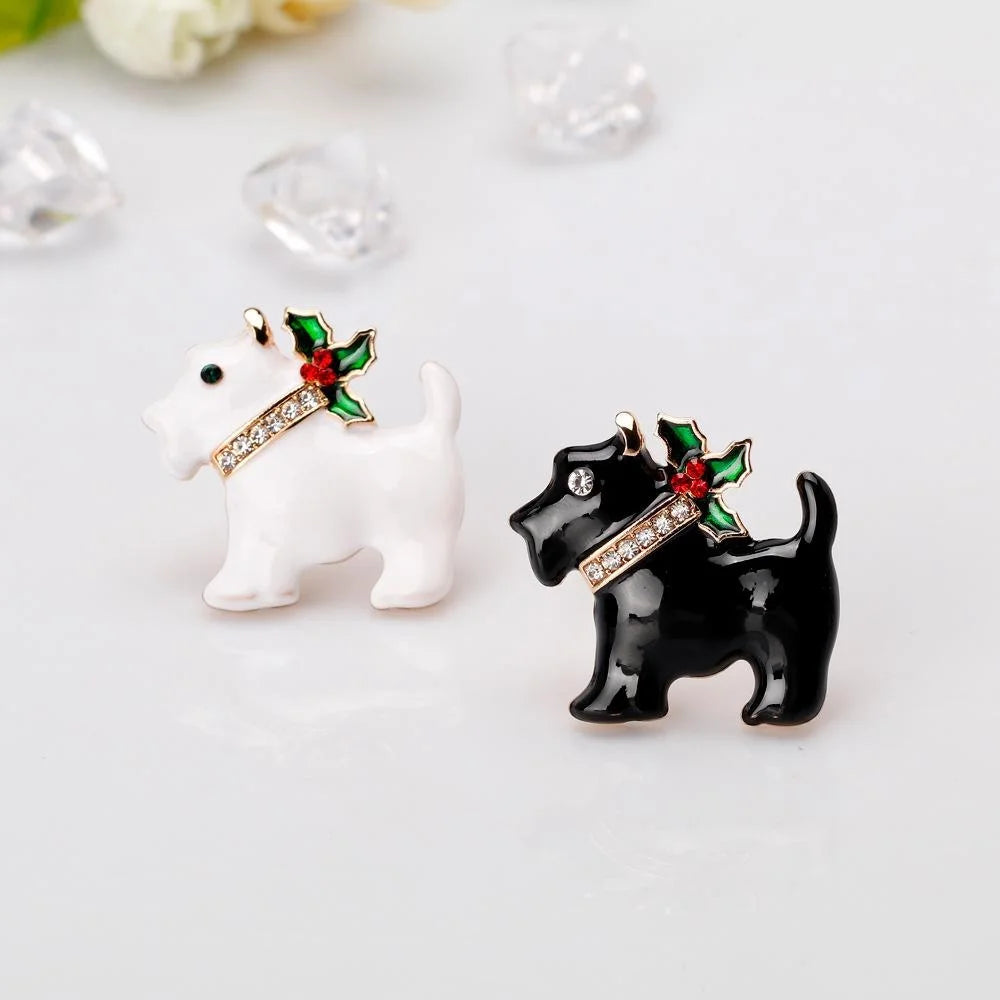 Cute Christmas Dog Santa Hat Bell Enamel Rhinestone Alloy Brooch, Festive Lapel Pin Corsage Gift
