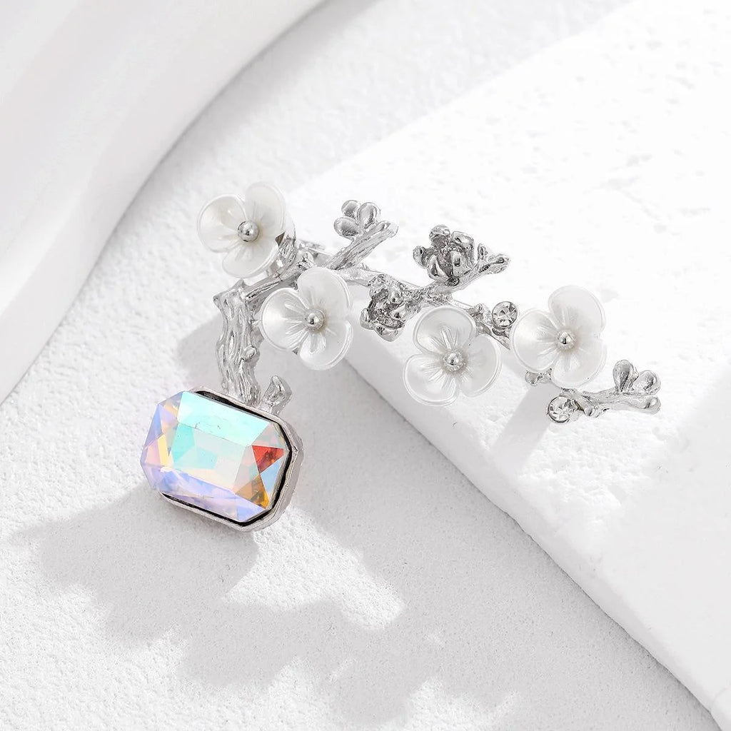 Vintage Mother Of Pearl Plum Blossom Branch Brooch With Rhinestone Crystal, Elegant Lapel Pin Gift