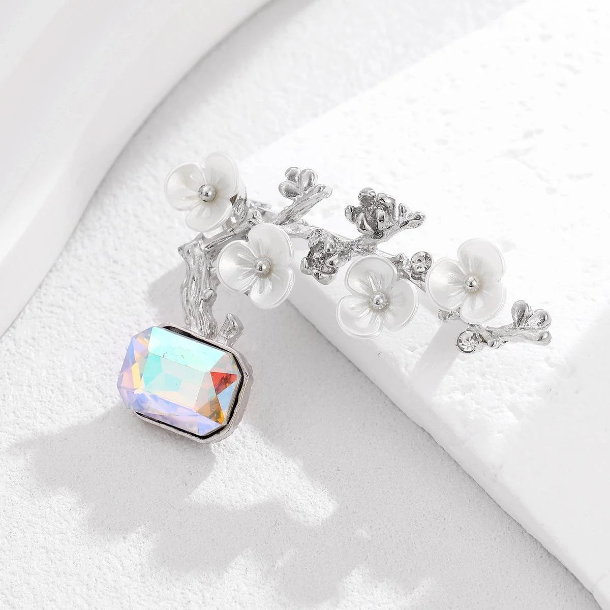 Vintage Mother Of Pearl Plum Blossom Branch Brooch With Rhinestone Crystal, Elegant Lapel Pin Gift