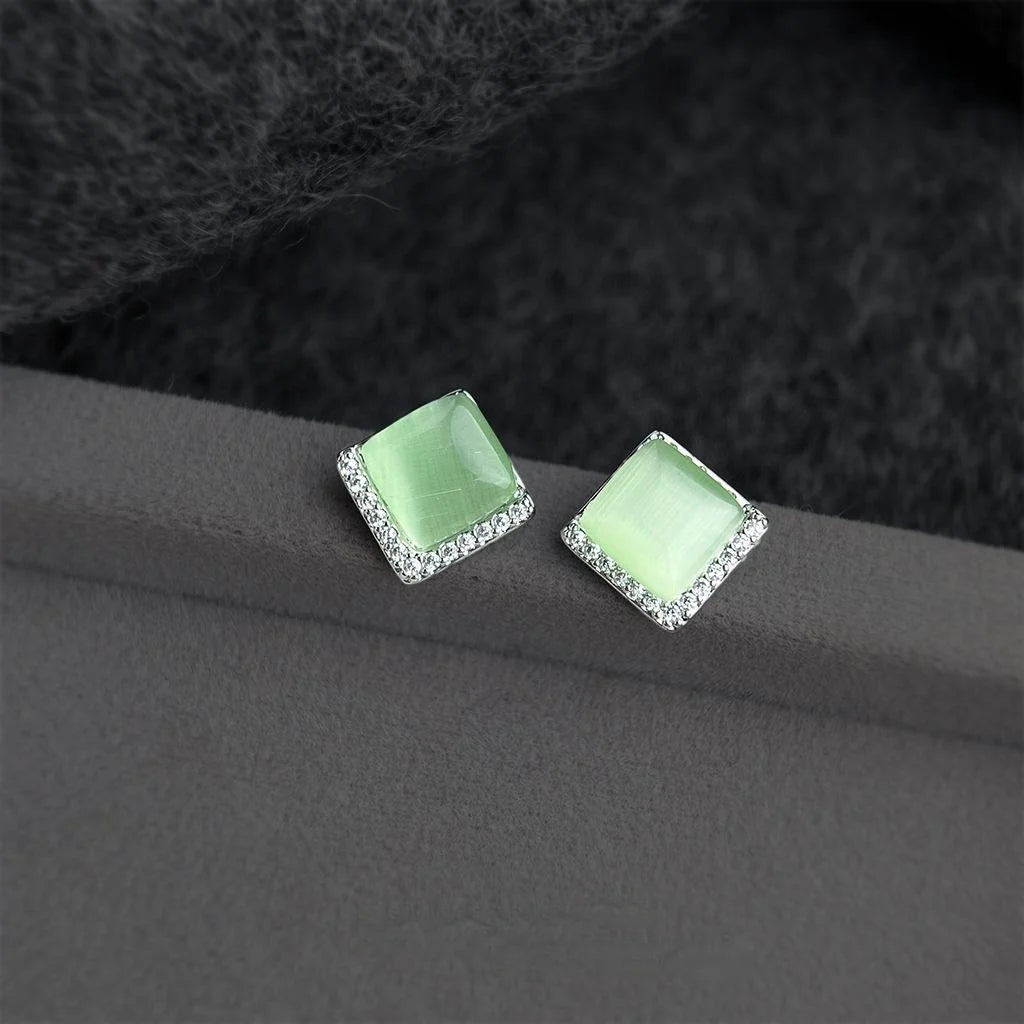 Copper Geometric Square Stud Earrings With Micro Pave Zircon And Green Glass Cat Eye Stone