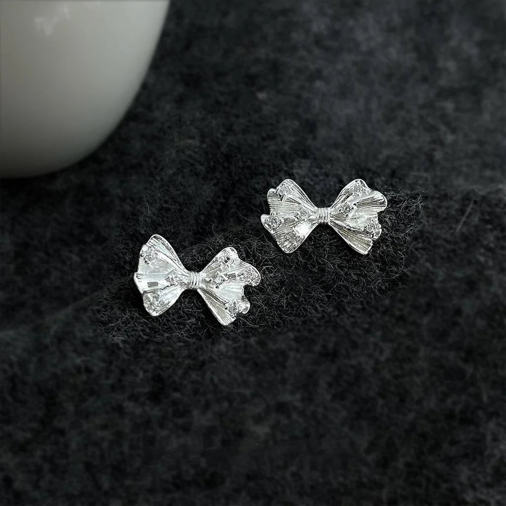 Silver Plated Copper Micro Pave Zircon Bow Stud Earrings Sweet Minimalist Geometric Jewelry
