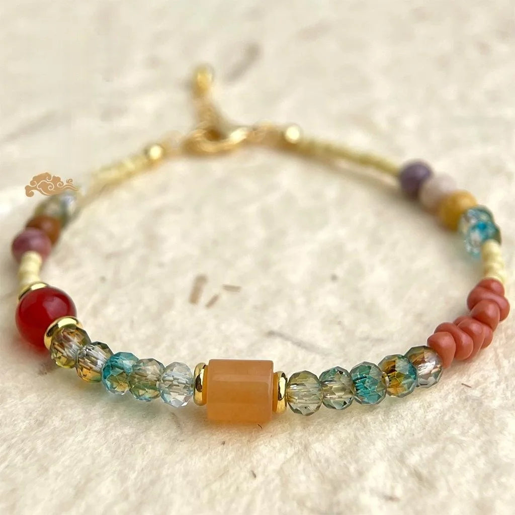 New Chinese Style Natural Stone Glass Crystal Handmade Colorful Geometric Bracelet