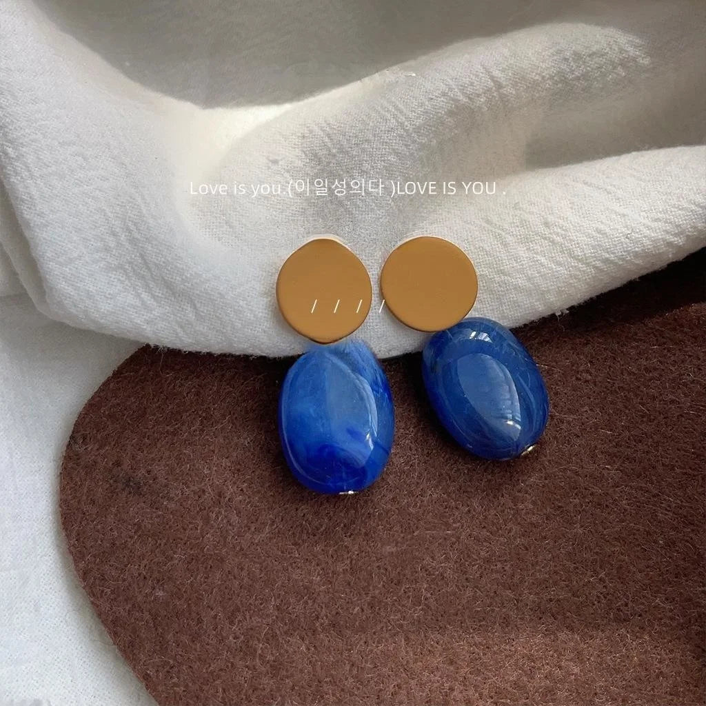 Klein Blue Colorblock Geometric Irregular Circle Enamel Copper Drop Earrings