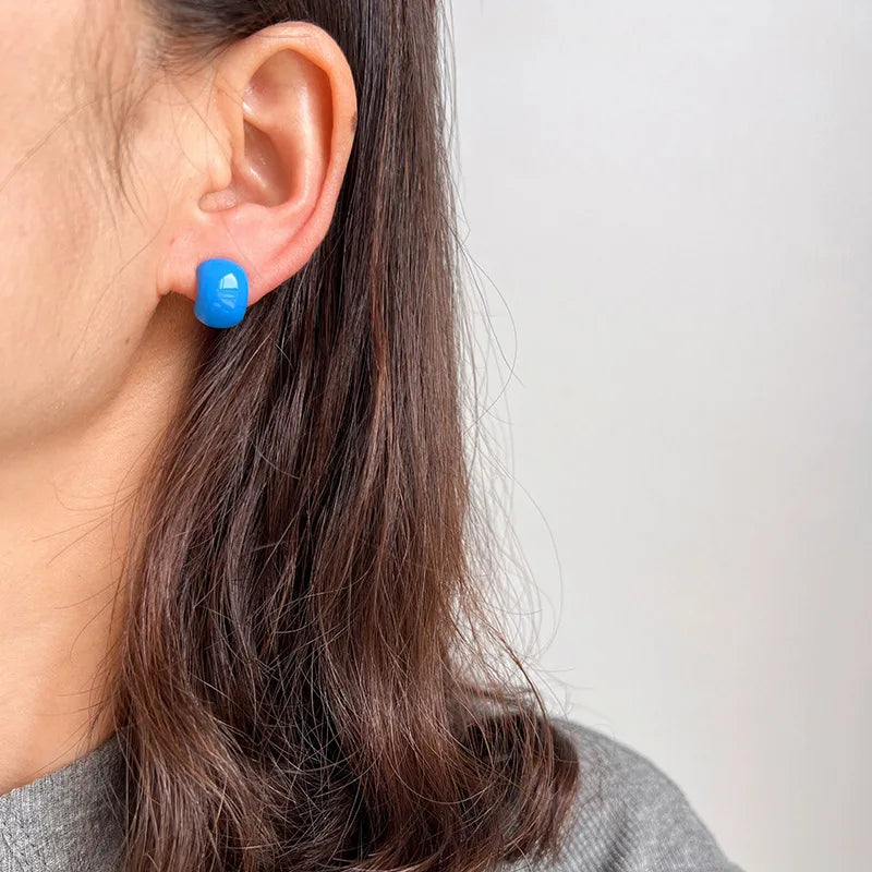 Elegant Klein Blue Enamel Rounded Bean Stud & Clip On No Piercing Women's Fashion Earrings