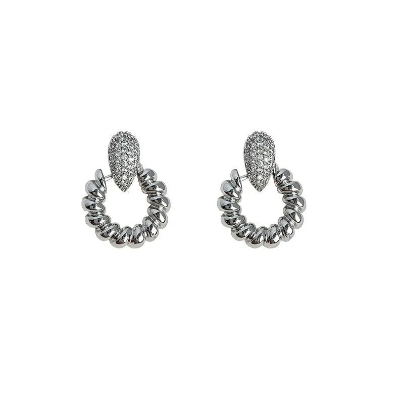 Silver Plated Metal Micro Pave Zircon Round Geometric Stud Earrings High-End Minimalist Style