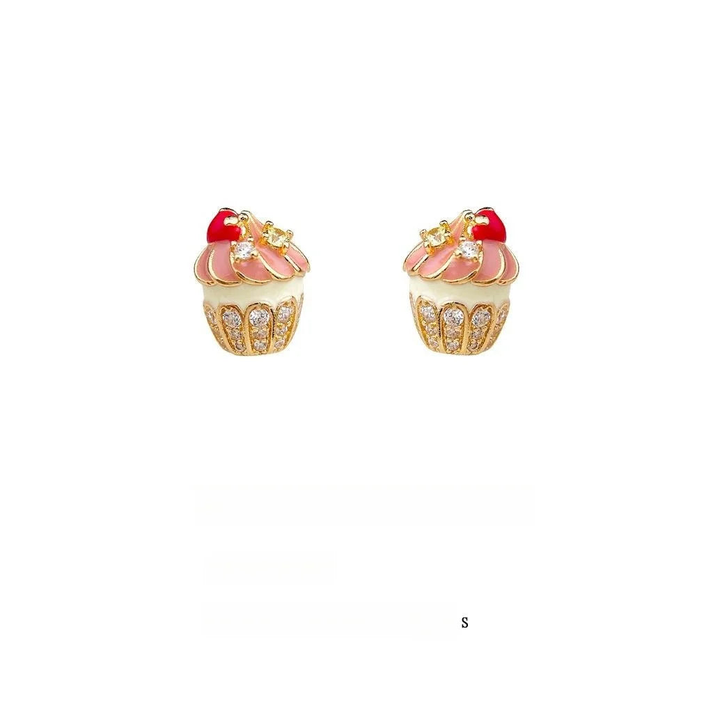 Cute Hand Painted Cake Ice Cream Stud Earrings For Women Copper Zircon Micro Pave Sweet Jewelry