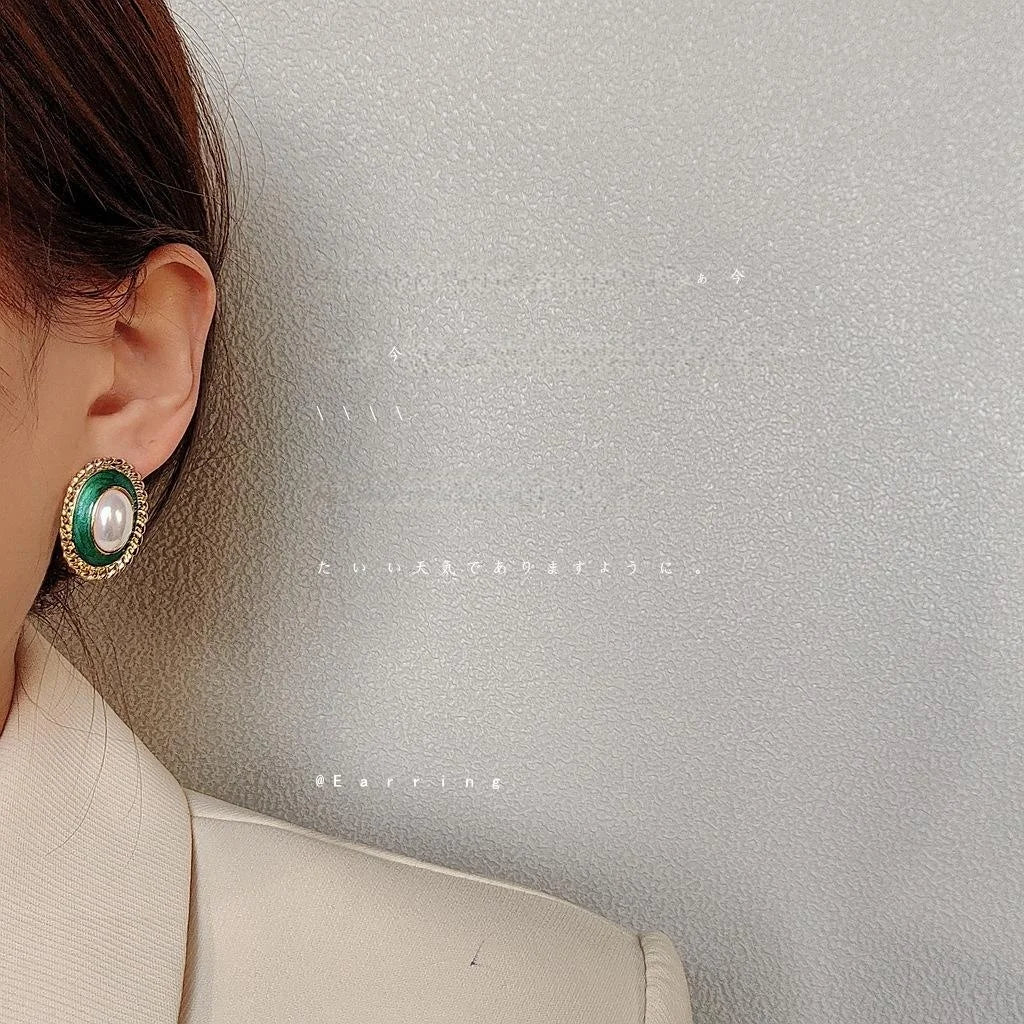 French Court Vintage Oval Enamel Pearl Copper Stud Earrings With Silver Plated Posts