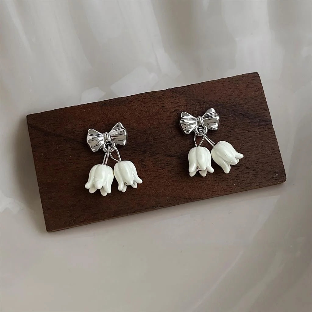 Sweet Forest Style Eco Copper Enamel Lily Of The Valley Bow Drop Earrings