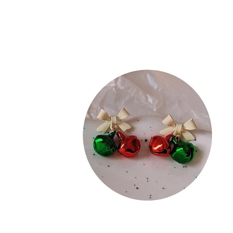 Copper Christmas Bell Bow Stud Earrings Red Green Cute Festive Holiday Jewelry