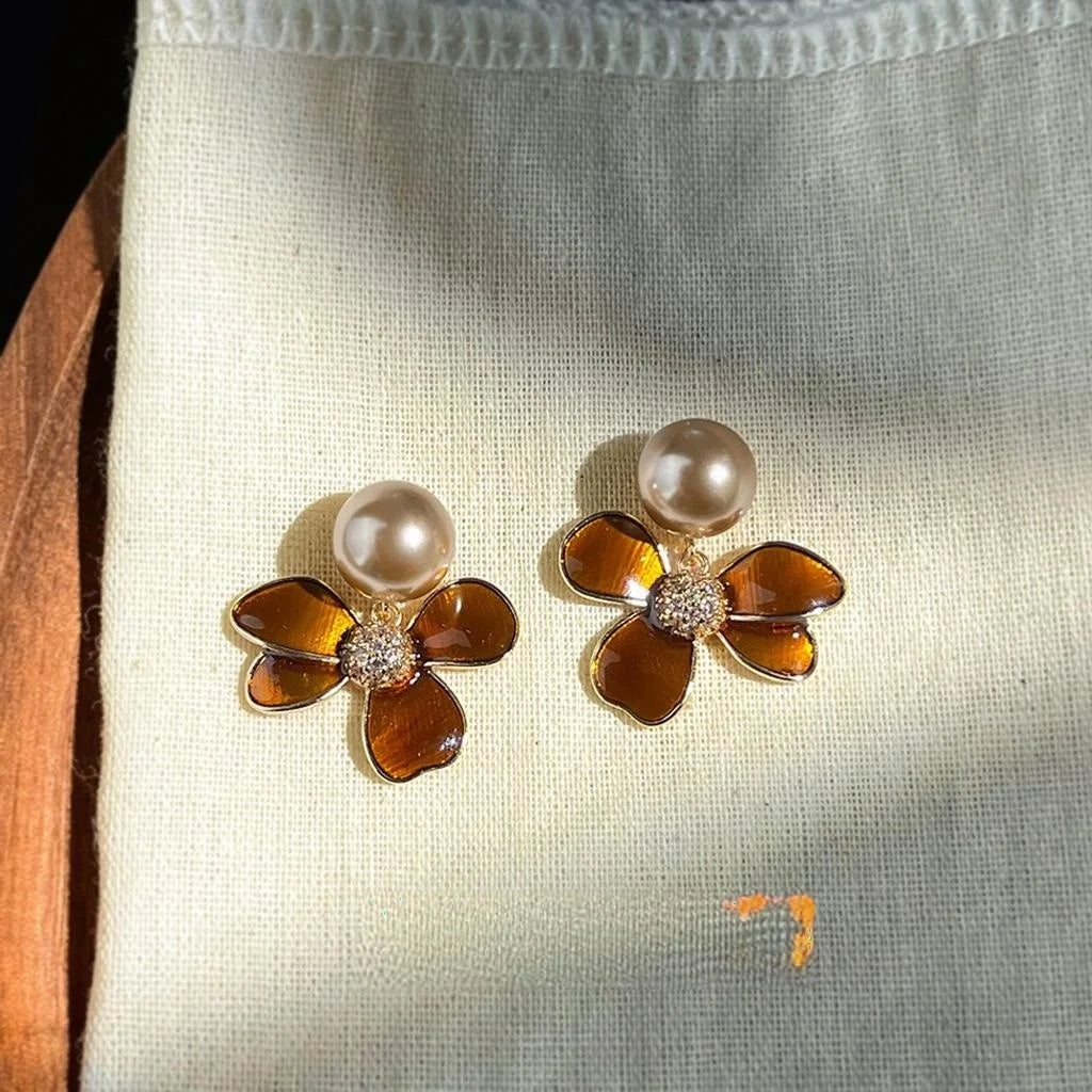 Vintage Maillard Copper Enamel Flower Drop Earrings with Pearl Zircon