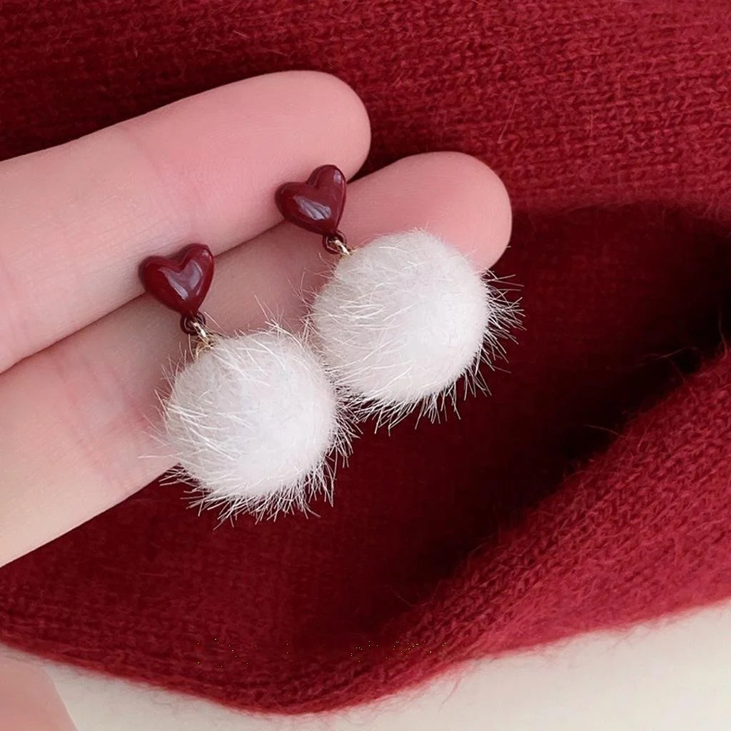 Sweet Burgundy Pom Pom Drop Earrings For Women, Winter Enamel Heart Geometric Daily Jewelry