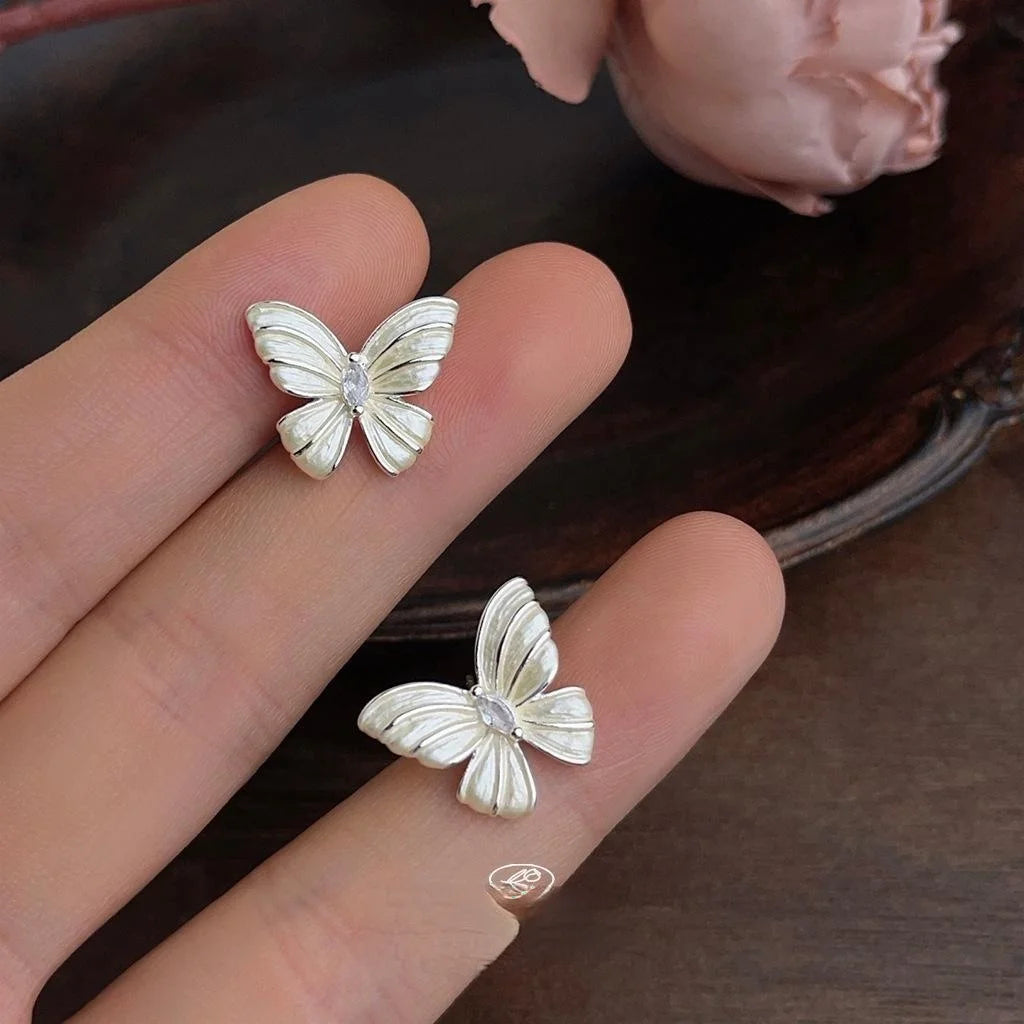Elegant Micro Pave Zircon Butterfly Stud Earrings, Copper, Simple Sweet Style