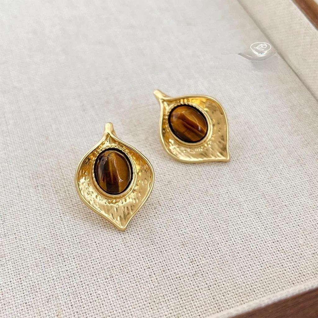 Maillard Style Tiger Eye Leaf Stud Earrings For Women Vintage Designer Fashion Jewelry