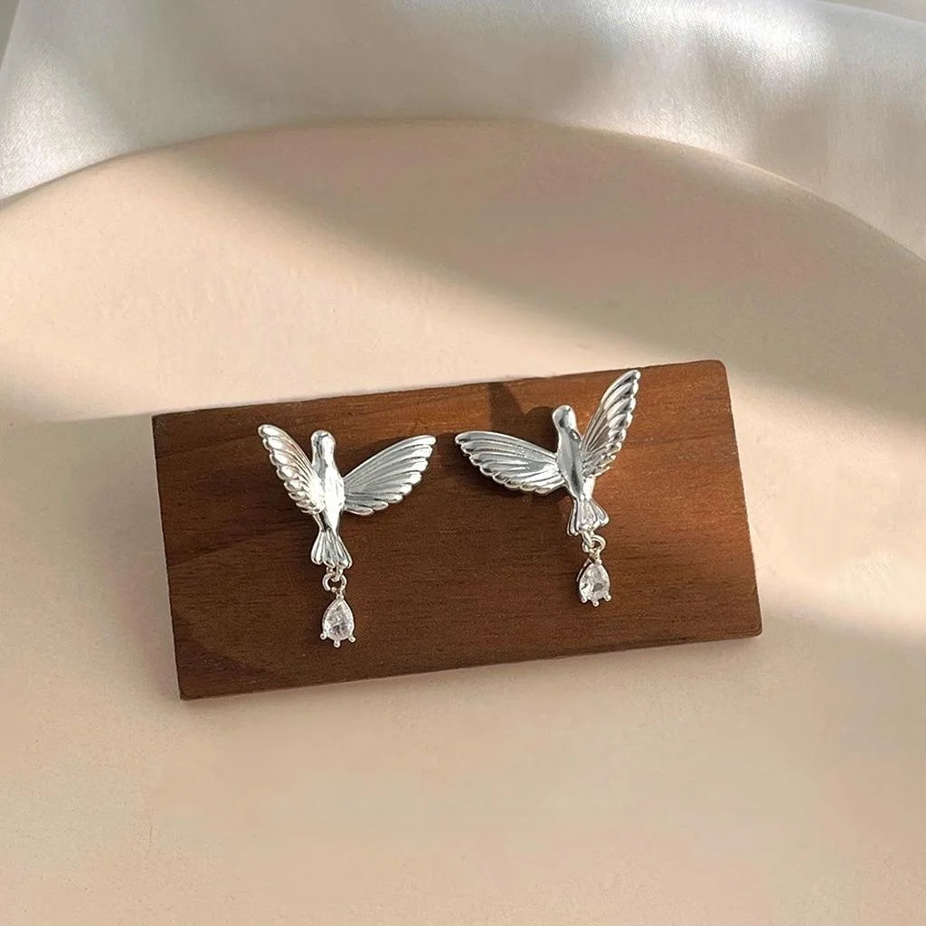 Original Designer Copper Zircon Bird Stud Earrings, Niche Style Jewelry