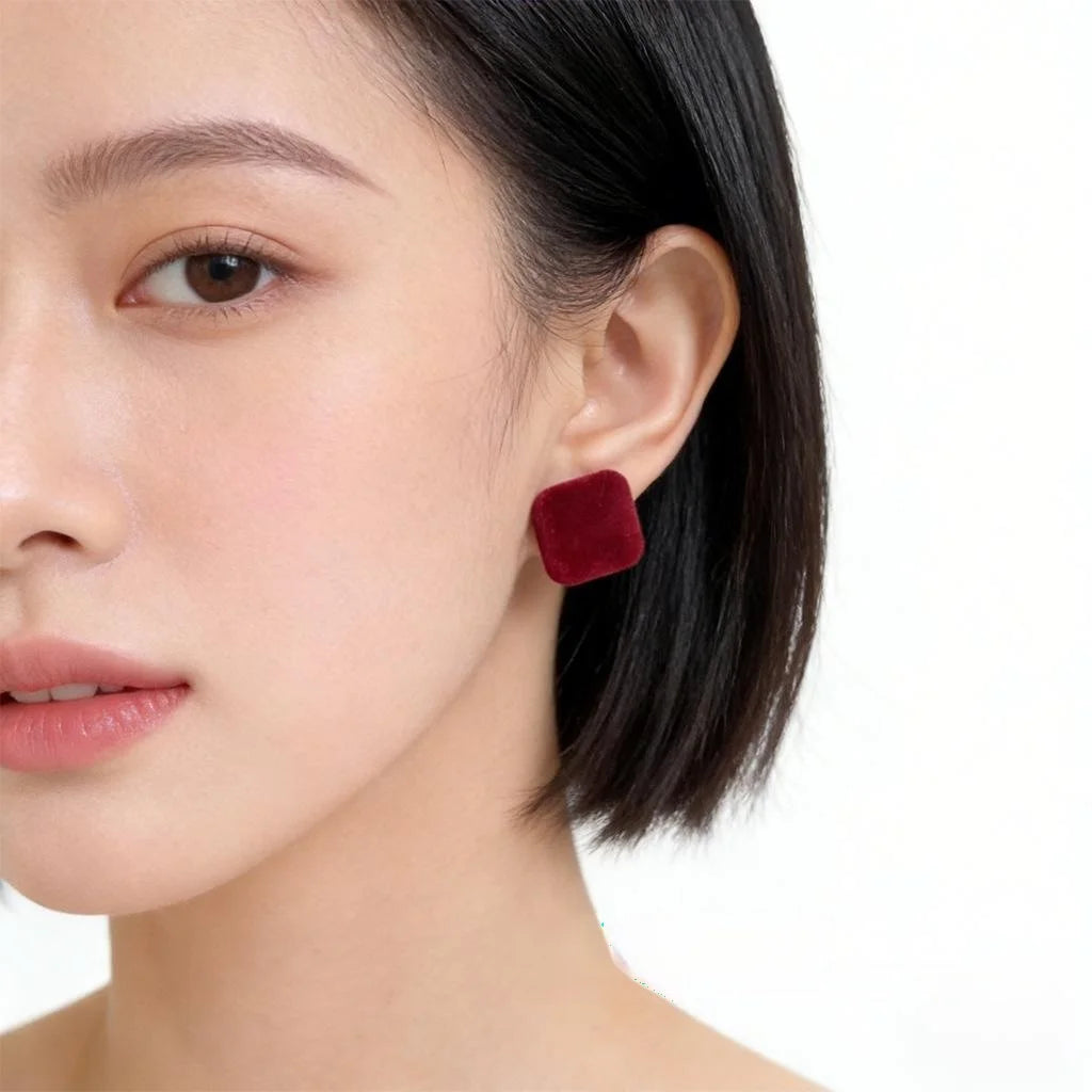 Burgundy Flocked Heart Square Stud Earrings Silver Plated Metal Hong Kong Style Jewelry