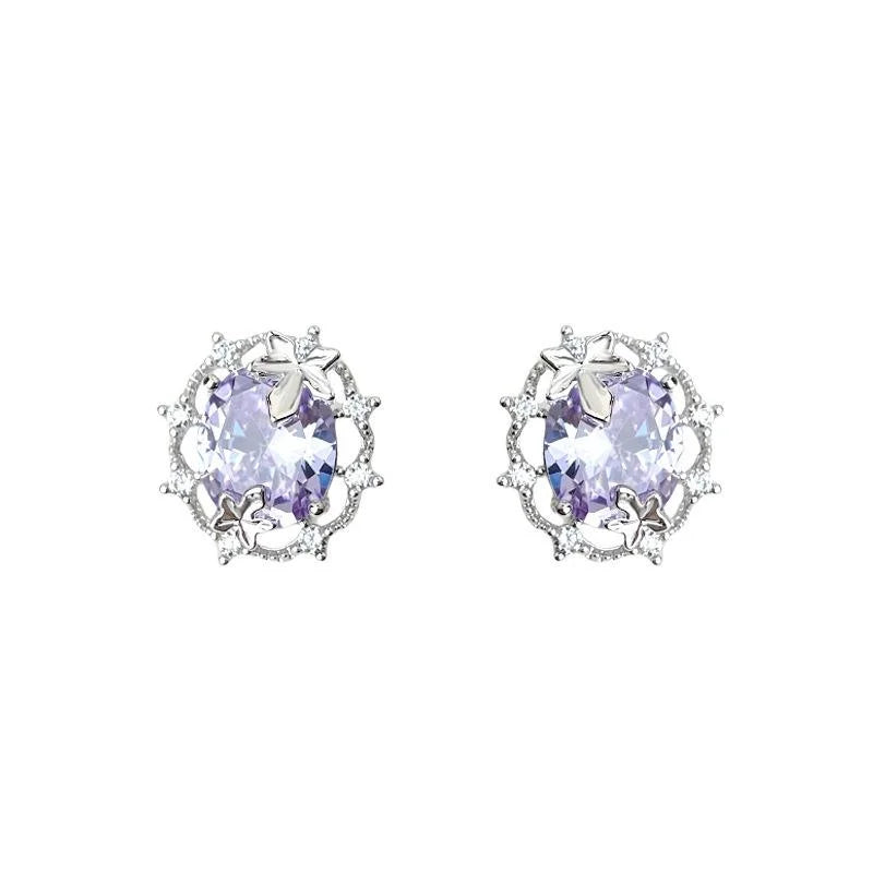 Light Luxury Purple Zircon Geometric Leaf Copper Stud Earrings