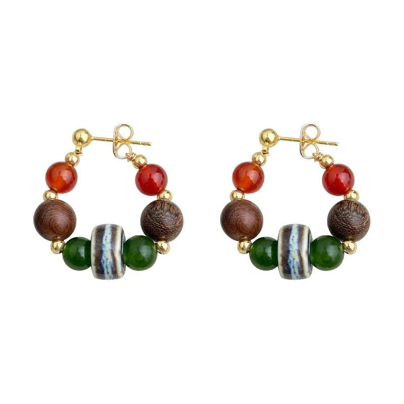 Vintage Handmade Ceramic Agate Geometric Irregular Round Hoop Line Drop Earrings