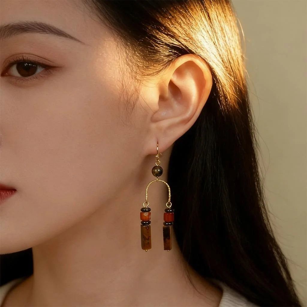 Vintage Maillard Ethnic Geometric Tassel Drop Earrings Copper Red Agate Tiger Eye Natural Stone