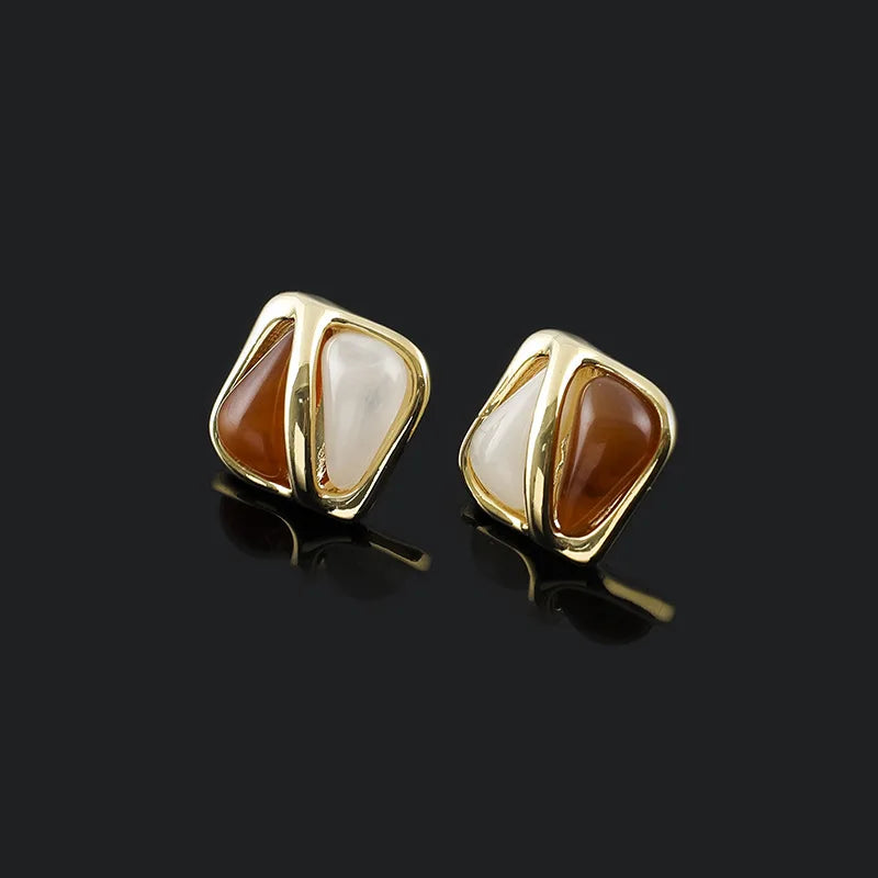 Elegant Geometric Square Alloy Enamel Maillard Stud & Clip On No Piercing Commuter Statement Earrings